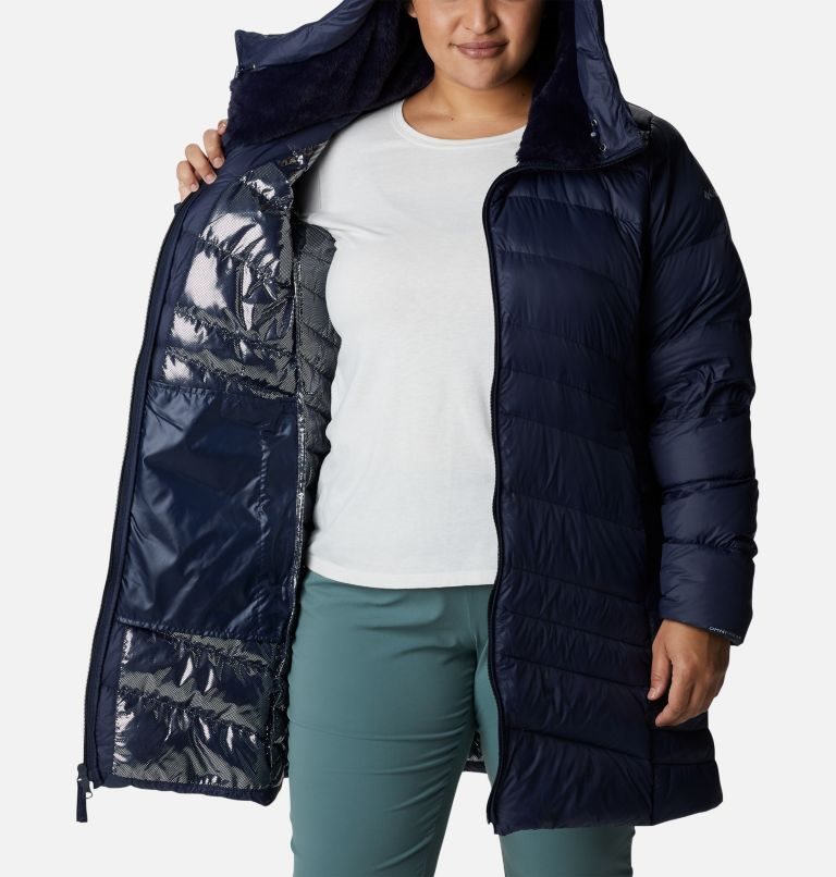 Women's Columbia Autumn Park Hooded Mid Down Jackets Navy | Plus Size CA-PAL06